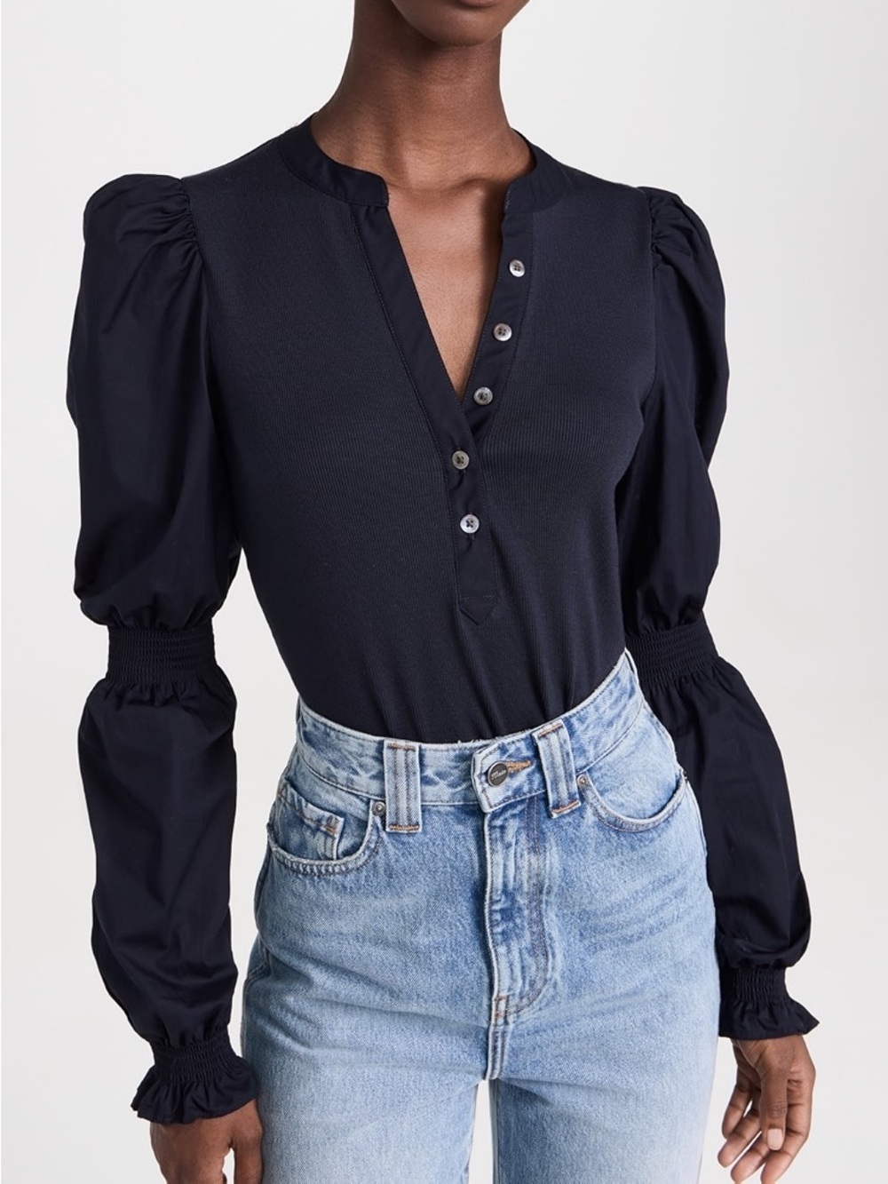 VERONICA BEARD Effy Women's Navy Puff-Sleeve Henley Top (121)